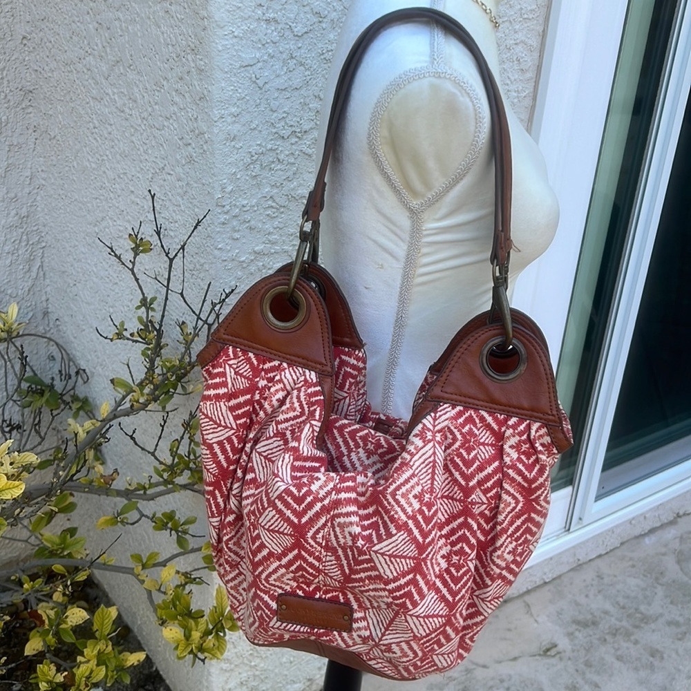 Lucky Brand Orange Floral Aztec Print Boho Bucket Purse
